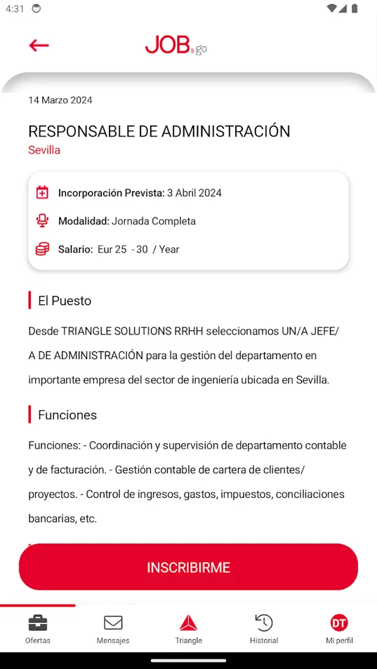 Detalle de una oferta de empleo con salario, modalidad y botón Inscribirme en Job&Go